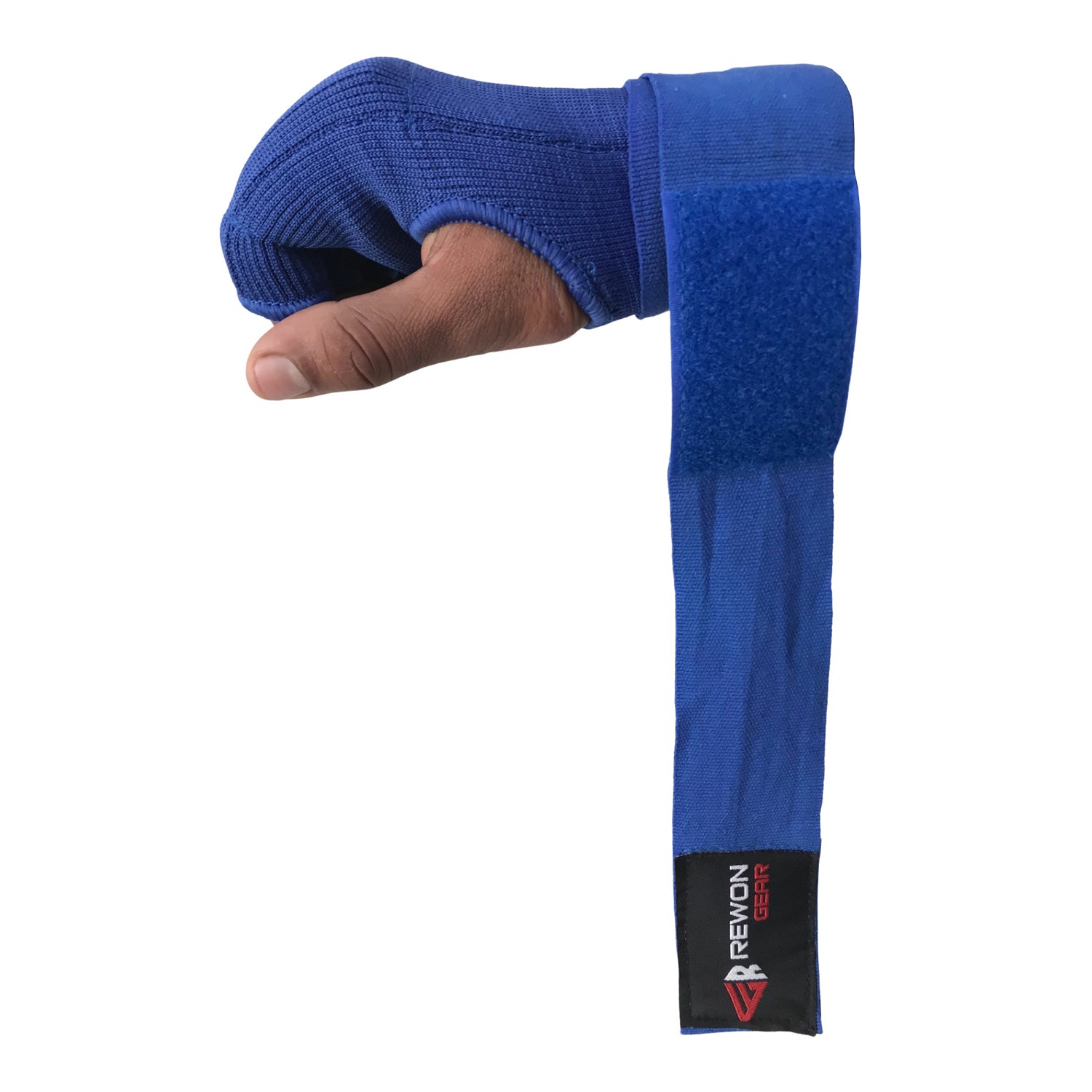 Blue gel bandage for boxing, made of breathable elastic material, covers half fingers, suitable under boxing or MMA gloves.