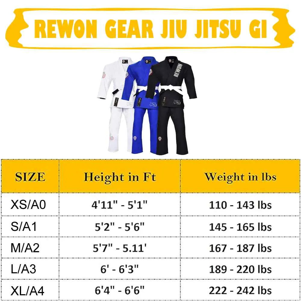 Rewon Jiu Jitsu Gi sizing chart for blue, white, black kimonos, featuring sizes from XS/A0 to XL/A4 with height and weight guidelines.