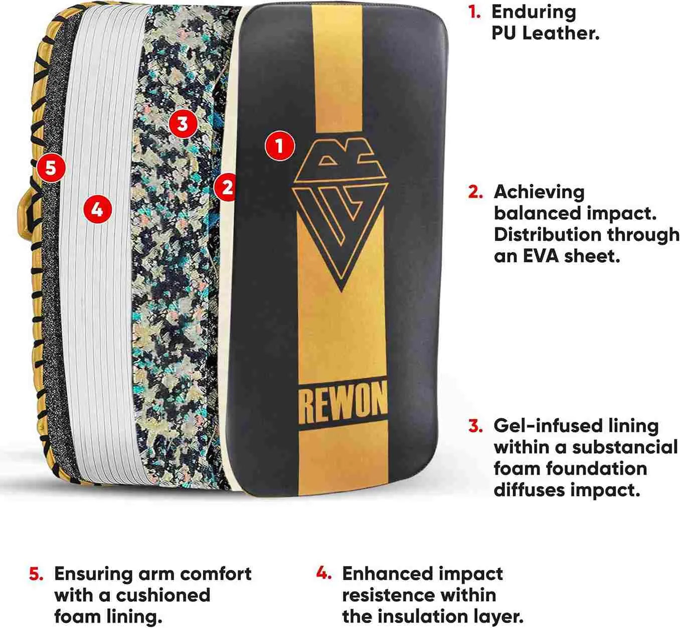 Rewon Classic Schlagpolster with PU leather, EVA sheet, gel-infused lining, cushioned foam lining, and enhanced impact resistance.