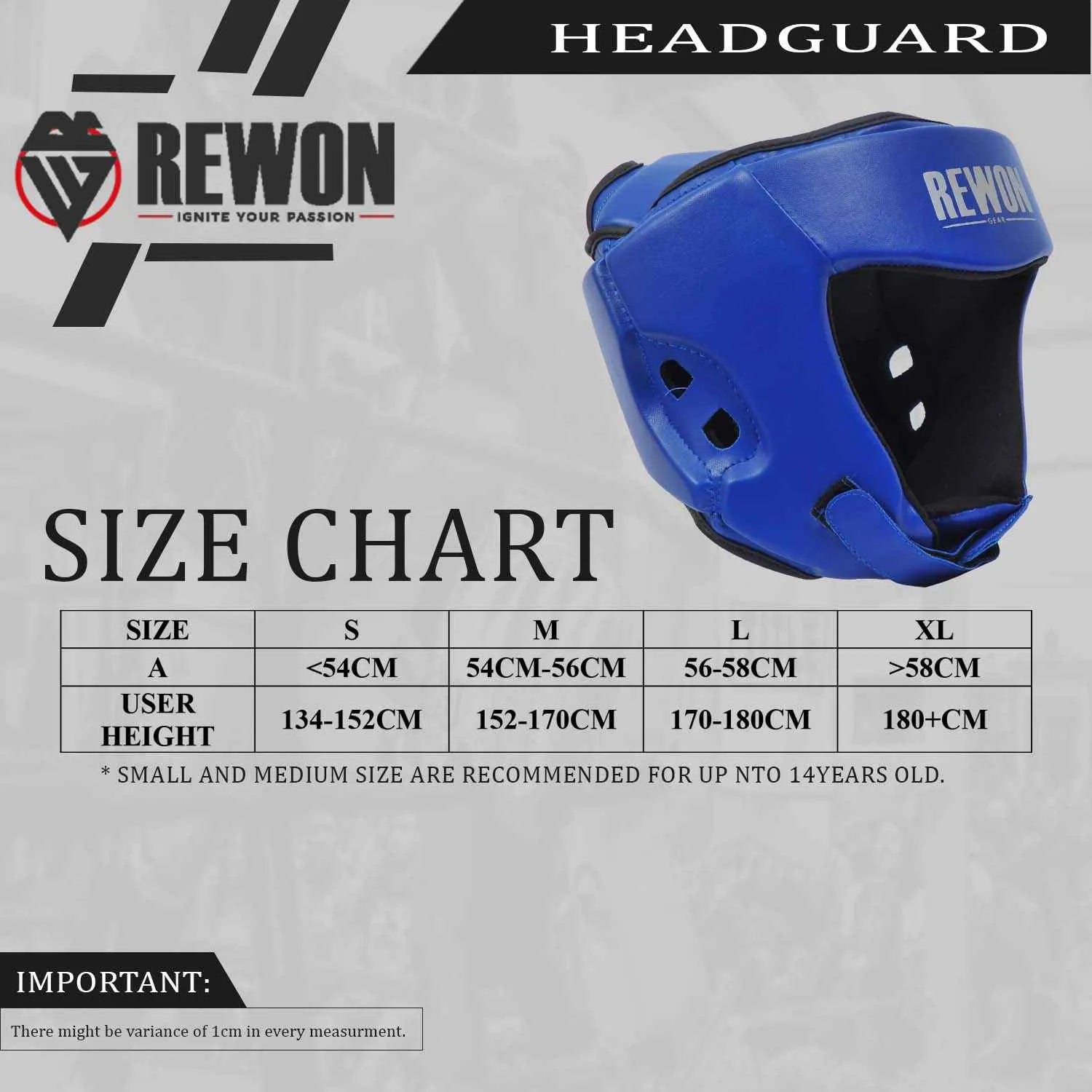 Rewon blue headguard size chart for boxing, MMA, and Taekwondo, featuring head measurements and recommended user heights for all sizes.