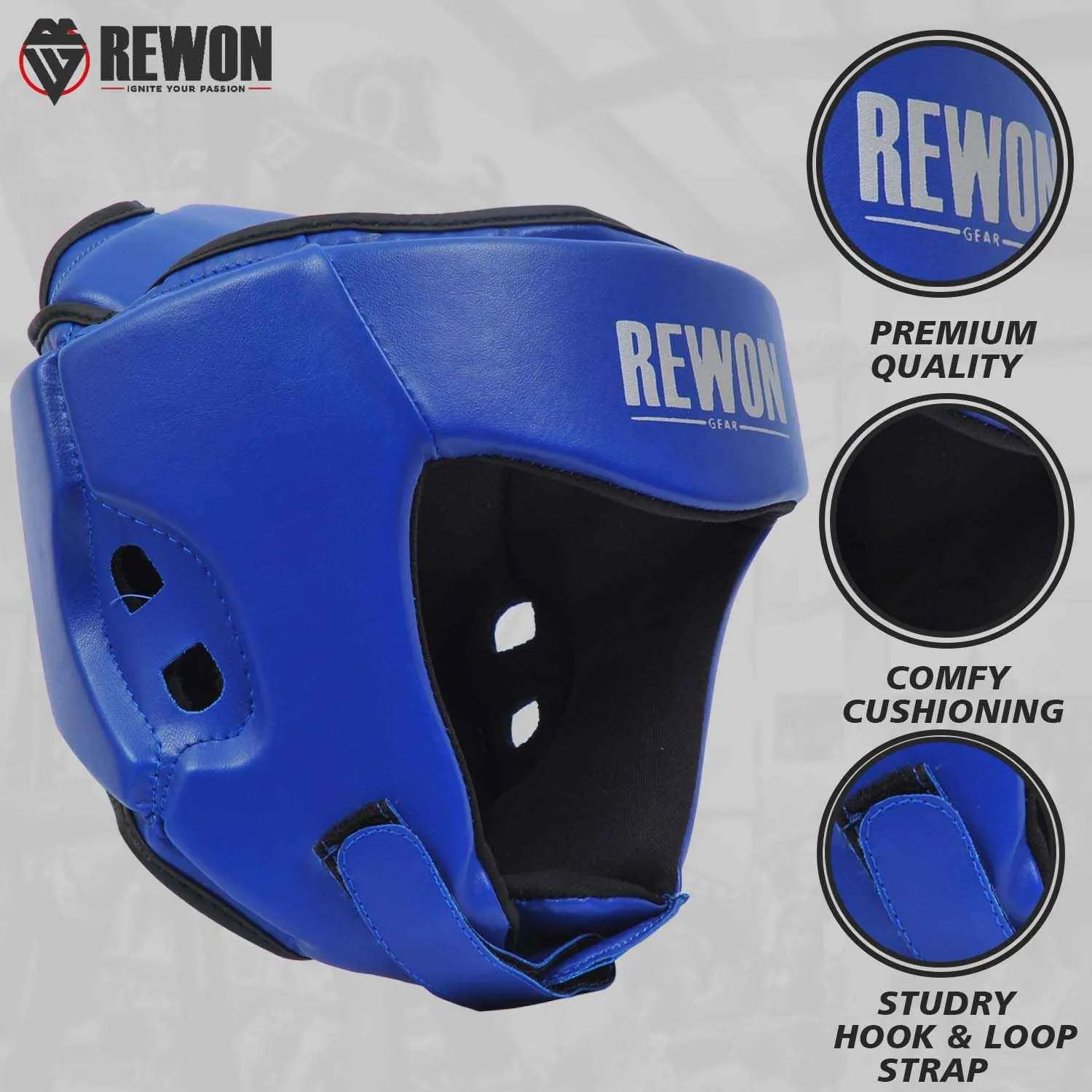 Blue Rewon headgear for karate, MMA, and taekwondo with premium cushioning, durable strap, ideal for boxing and fitness enthusiasts.