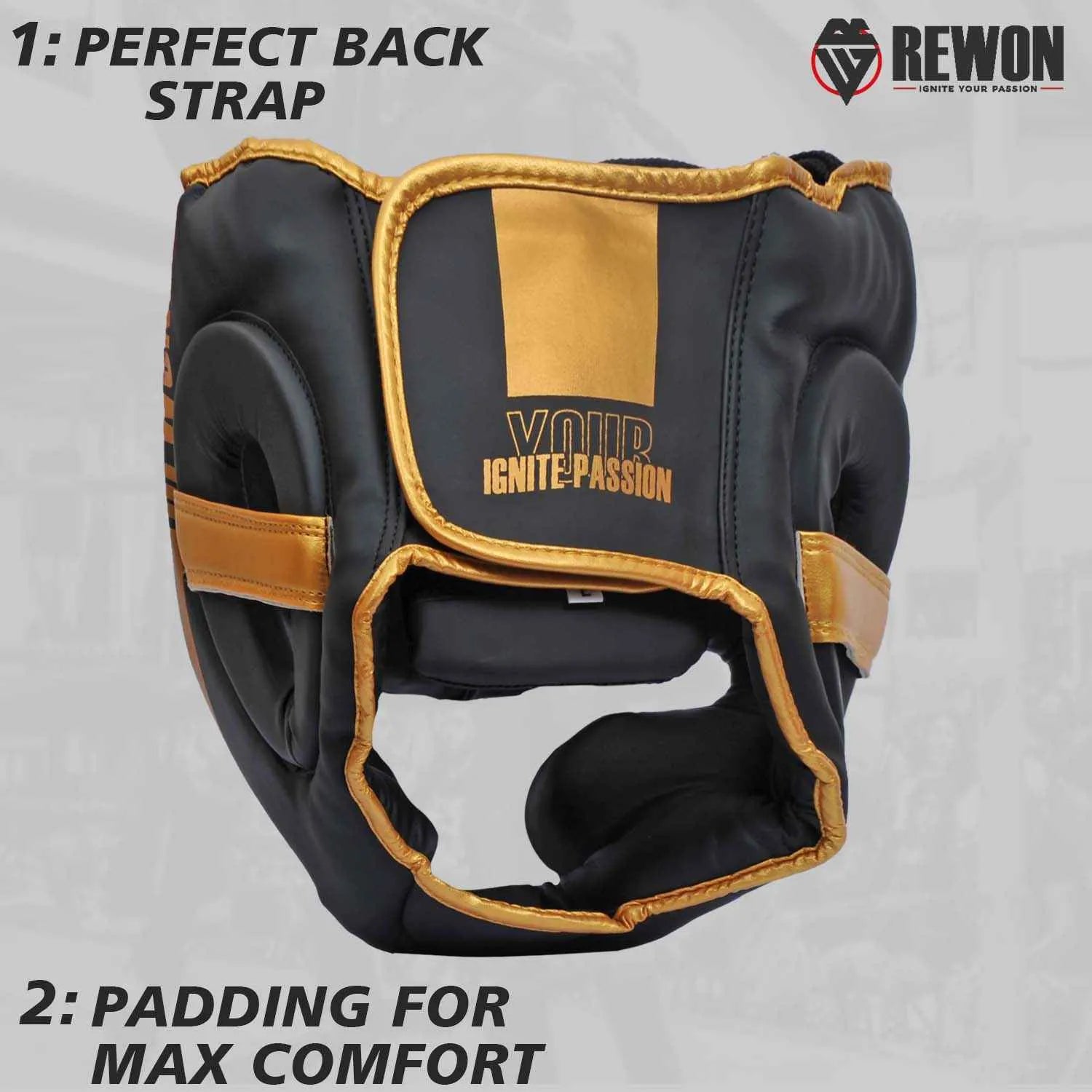 Golden/Black Rewon MMA Kickboxing Headgear with Perfect Back Strap and Max Comfort Padding for All Skill Levels.