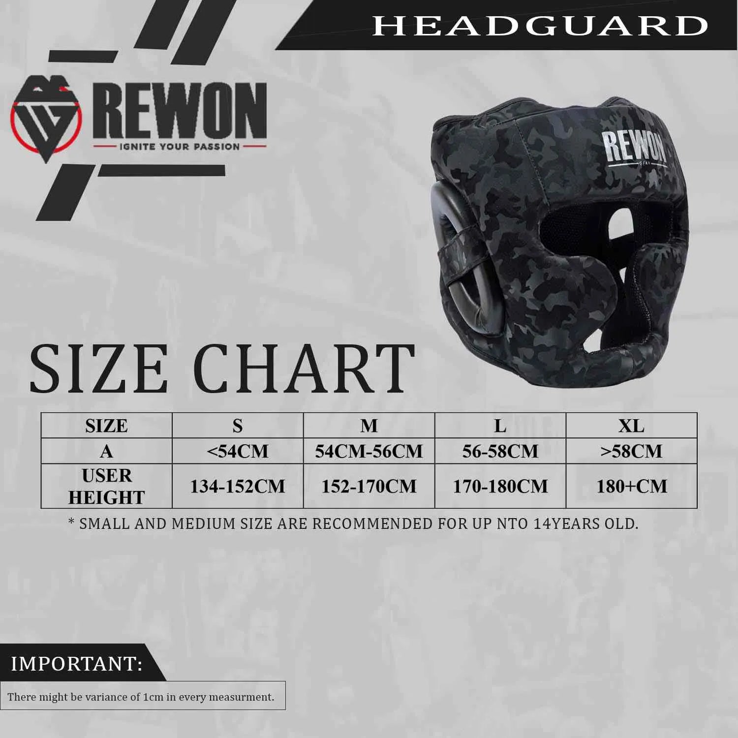 Rewon camouflage headguard with size chart for MMA and kickboxing, offering full head and face protection.