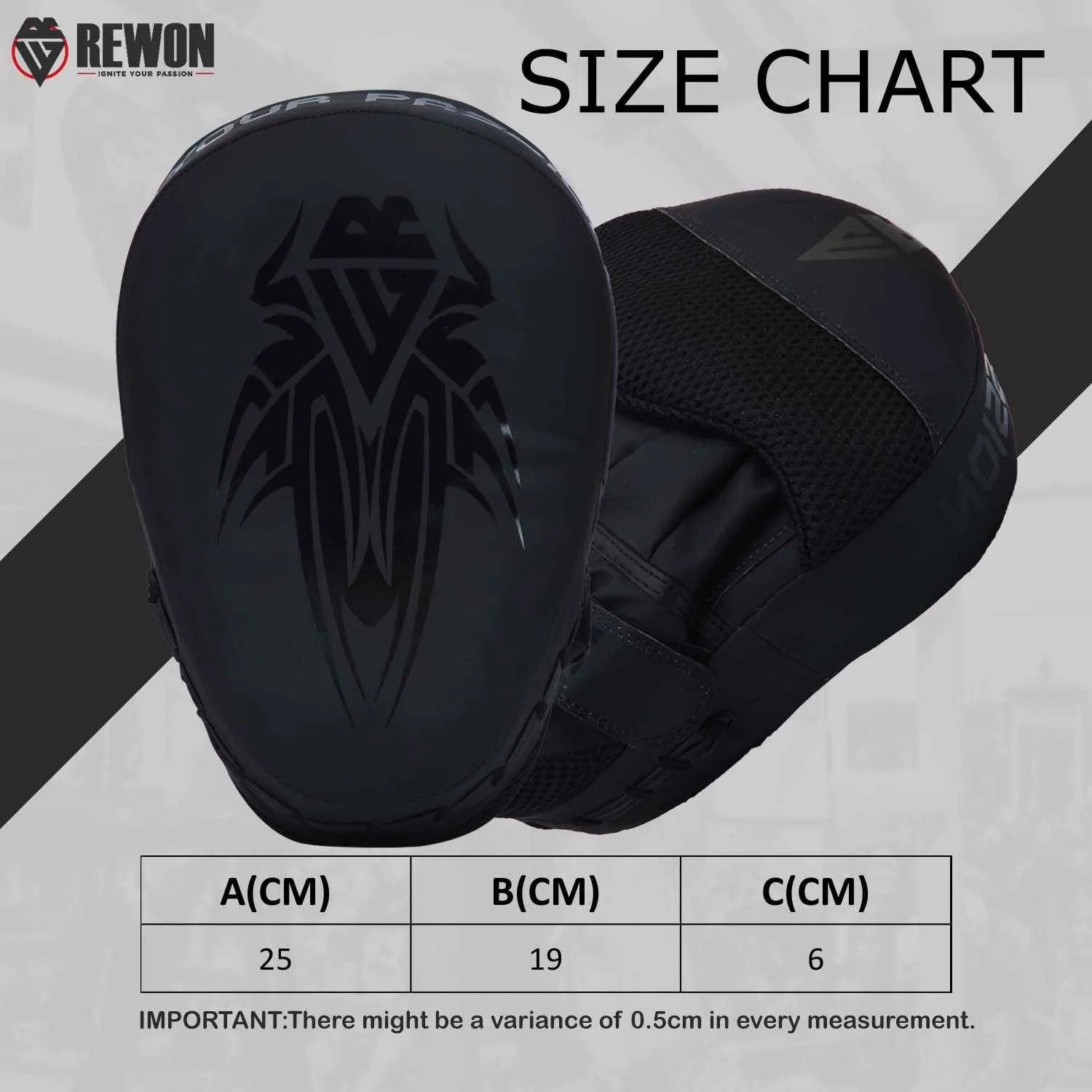 Rewon curved training gloves, black, size chart for boxing, MMA, fitness; Maya Hide leather for optimal shock absorption.