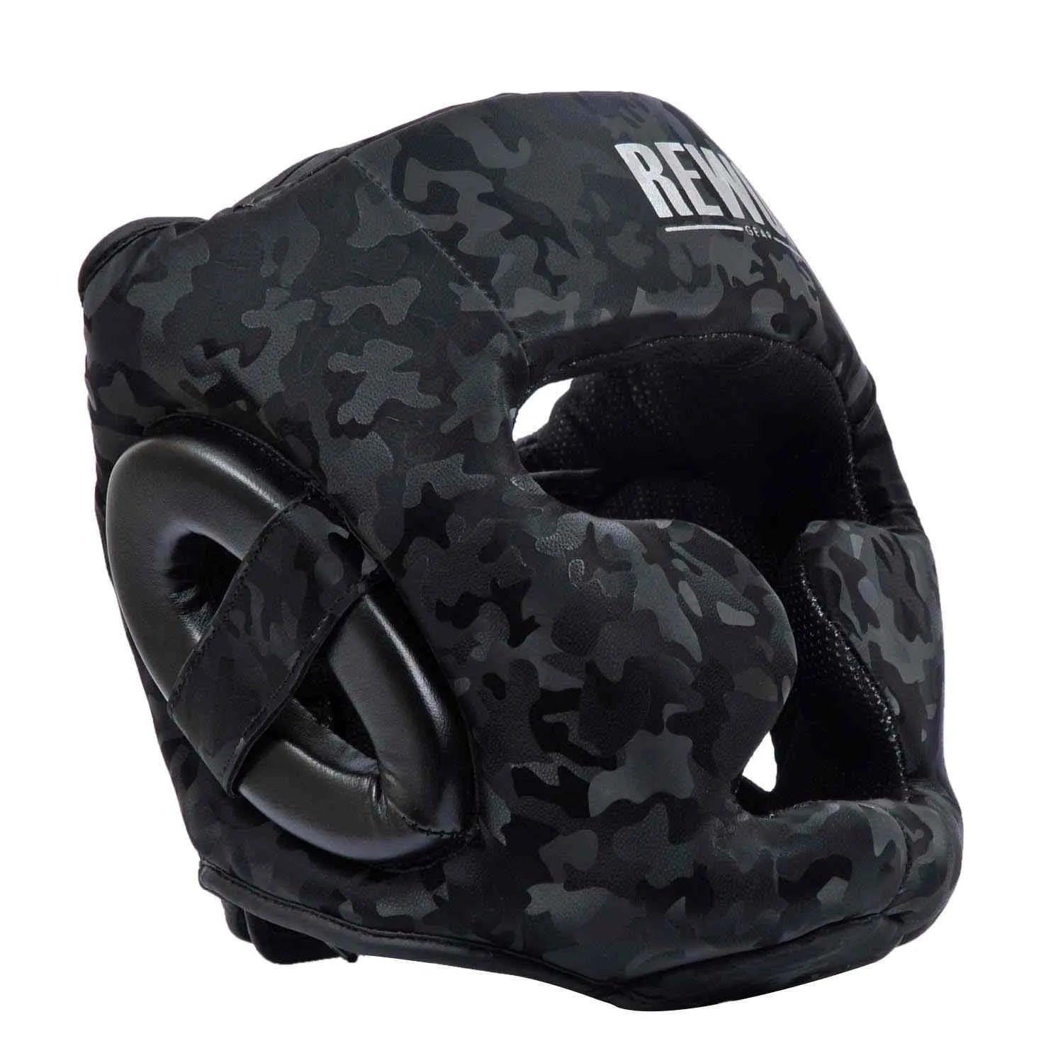 Camouflage MMA boxing headgear by Rewon for kickboxing and martial arts, with full-face protection in camouflage design.