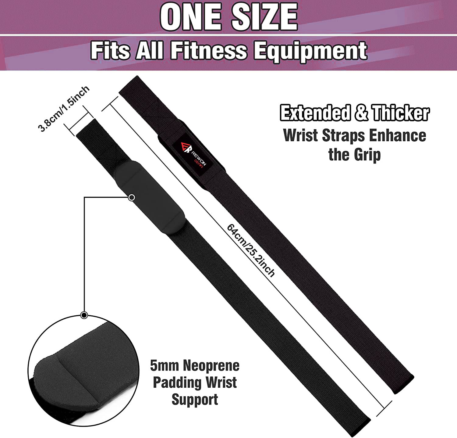 Rewon Gear black wrist straps, one size fits all, with extended thicker grip and 5mm neoprene padding, ideal for boxing and fitness.