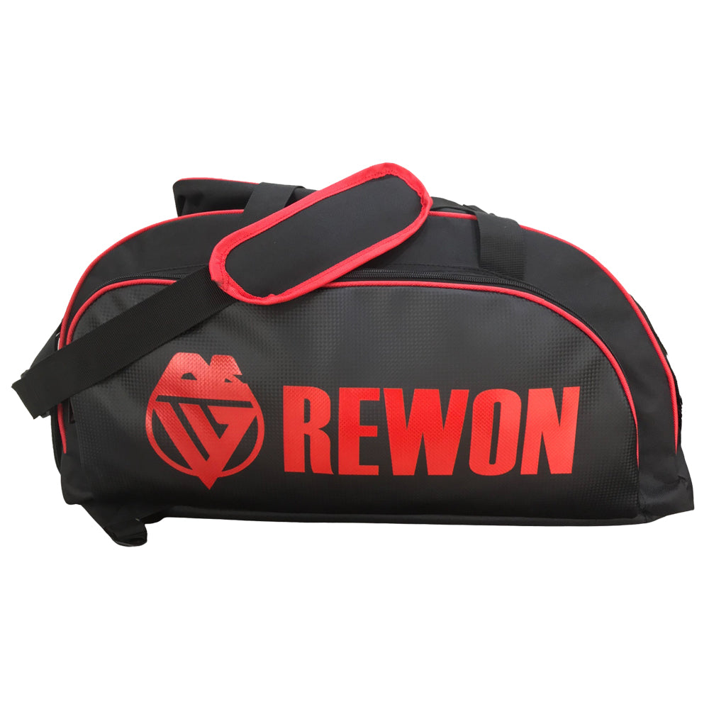 Schwarz-Rote Rewon Sporttasche für Jiu Jitsu, Karate, Boxen und Fitness, ideal für Gym und Reisen, aus Premium-PU-Leder.