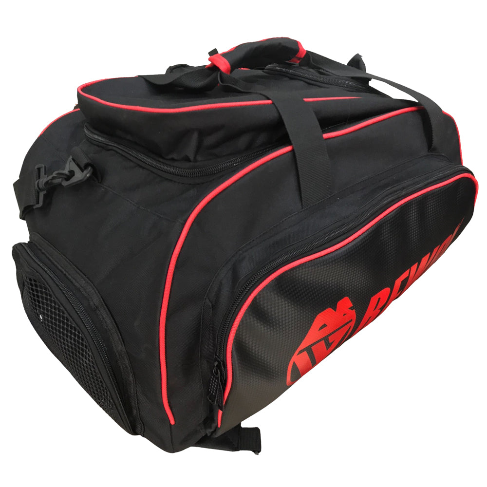 Schwarze und rote Rewon Sporttasche, ideal für Jiu Jitsu, Boxen und Fitness, aus Premium-PU-Leder, 60x30x30cm, mit mehreren Fächern.