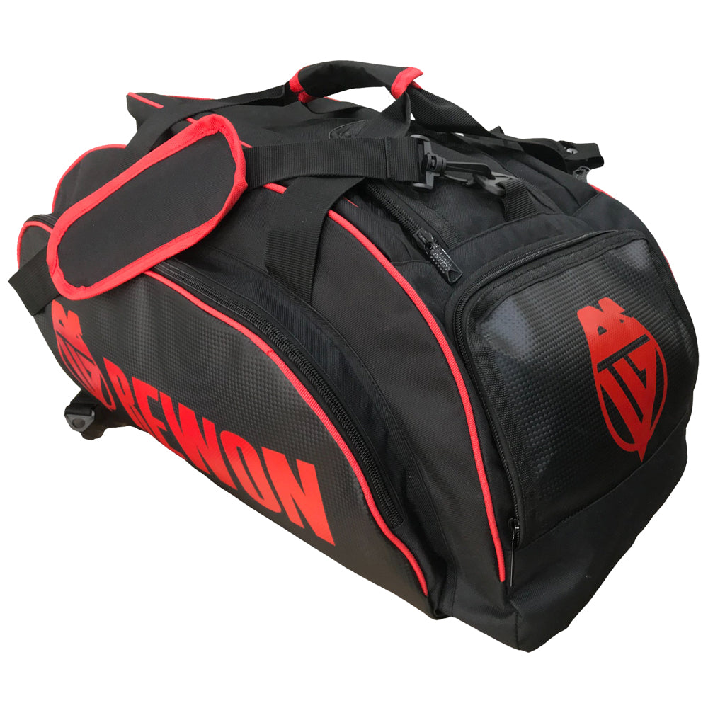Rewon Sporttasche Schwarz/Rot für Jiu Jitsu, Karate, und Boxen, 60x30x30cm, ideal für Fitness und Gym, mit Premium-PU-Leder.