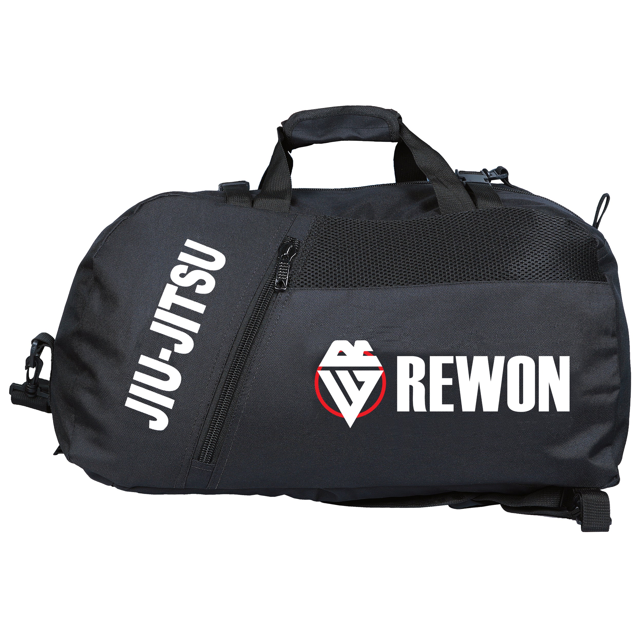 Rewon Sporttasche in Schwarz/Weiß, ideal für Jiu Jitsu, Karate, Boxen und Fitness, aus Premium-PU-Leder mit Markenlogo.