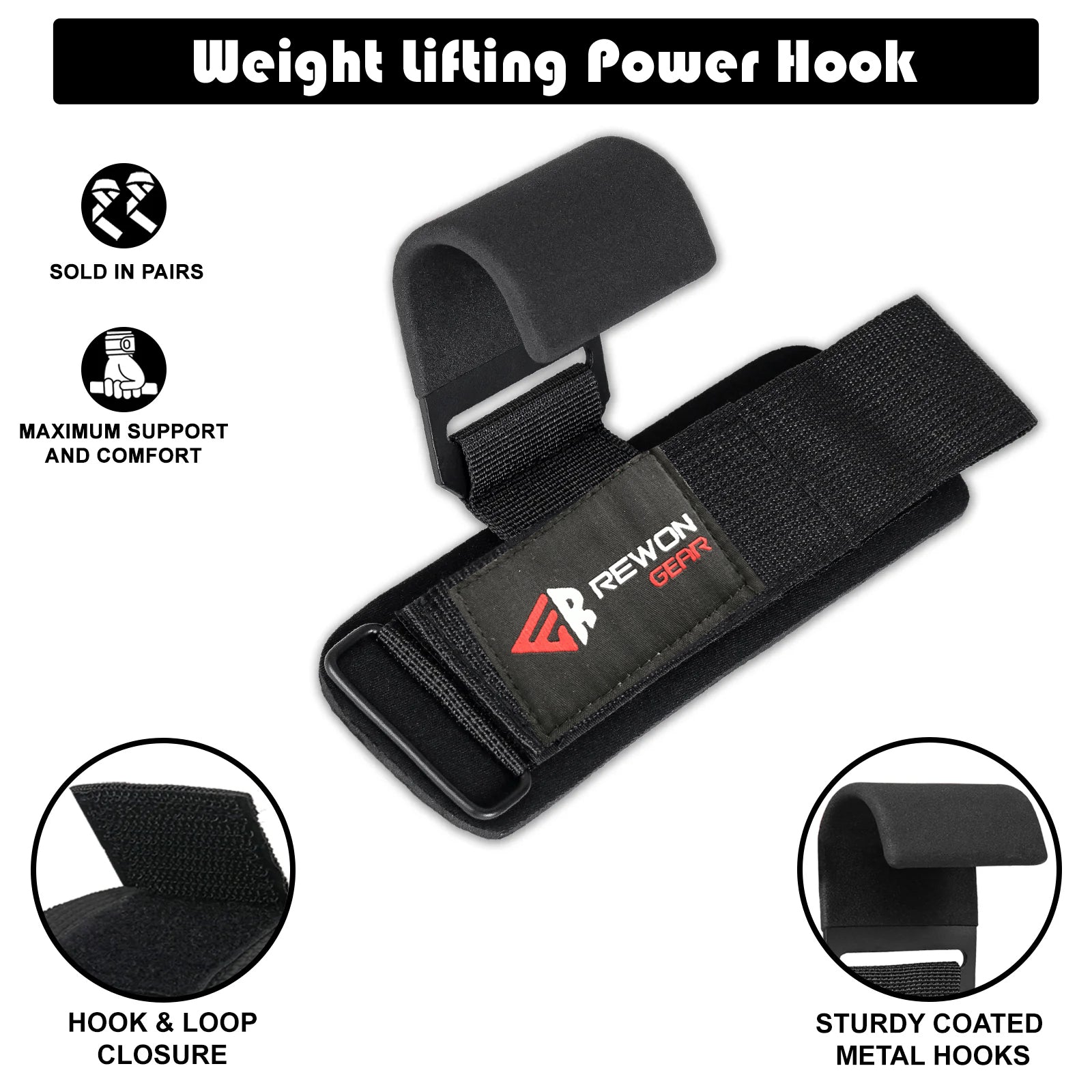 Rewon weight lifting wrist hook straps with padded straps, metal hook, ideal for dead lifts, rowing, and pull-ups. Fitness and boxing gear.