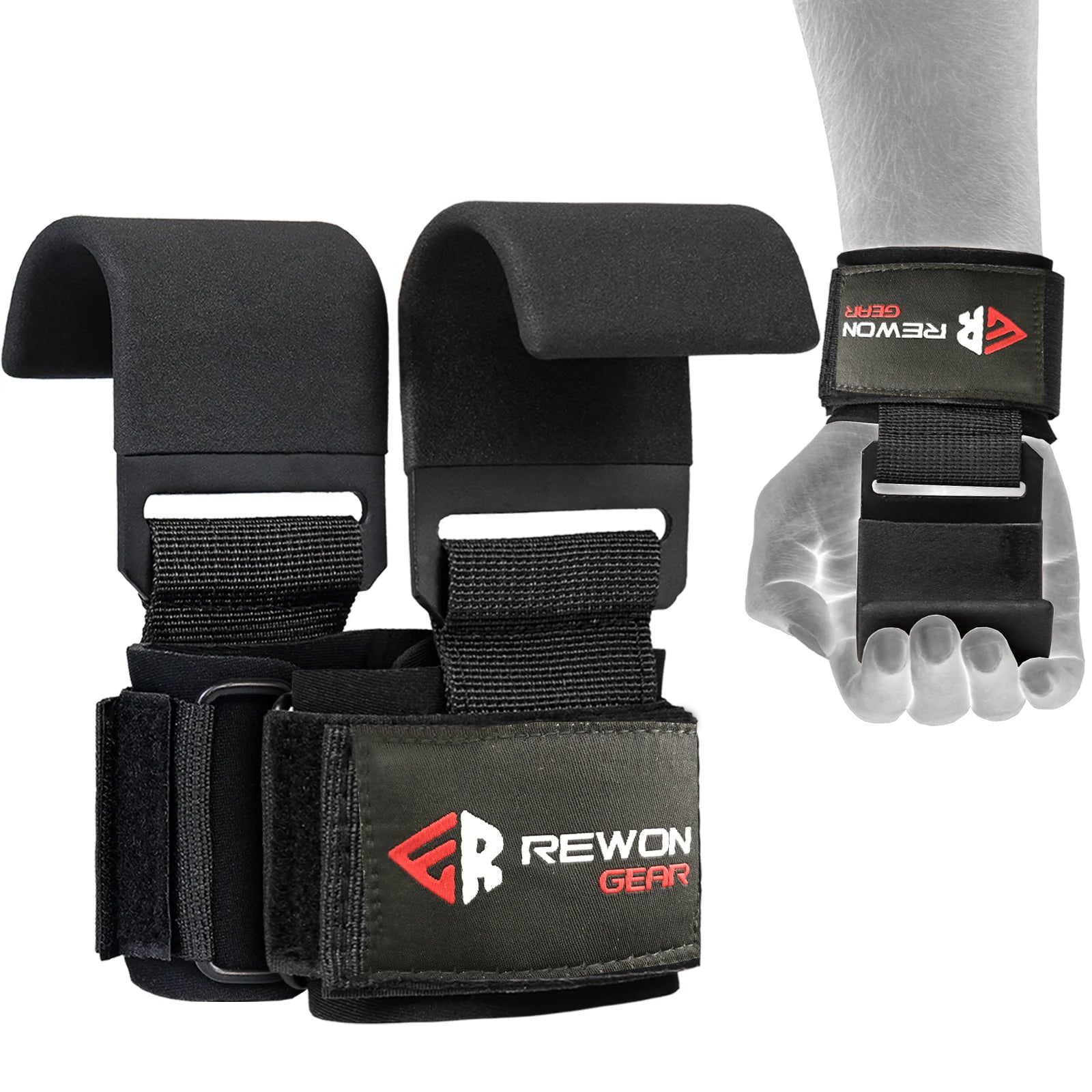 Rewon Gear weight lifting wrist hook straps for improved grip in boxing and fitness, featuring padded straps and durable metal hooks.