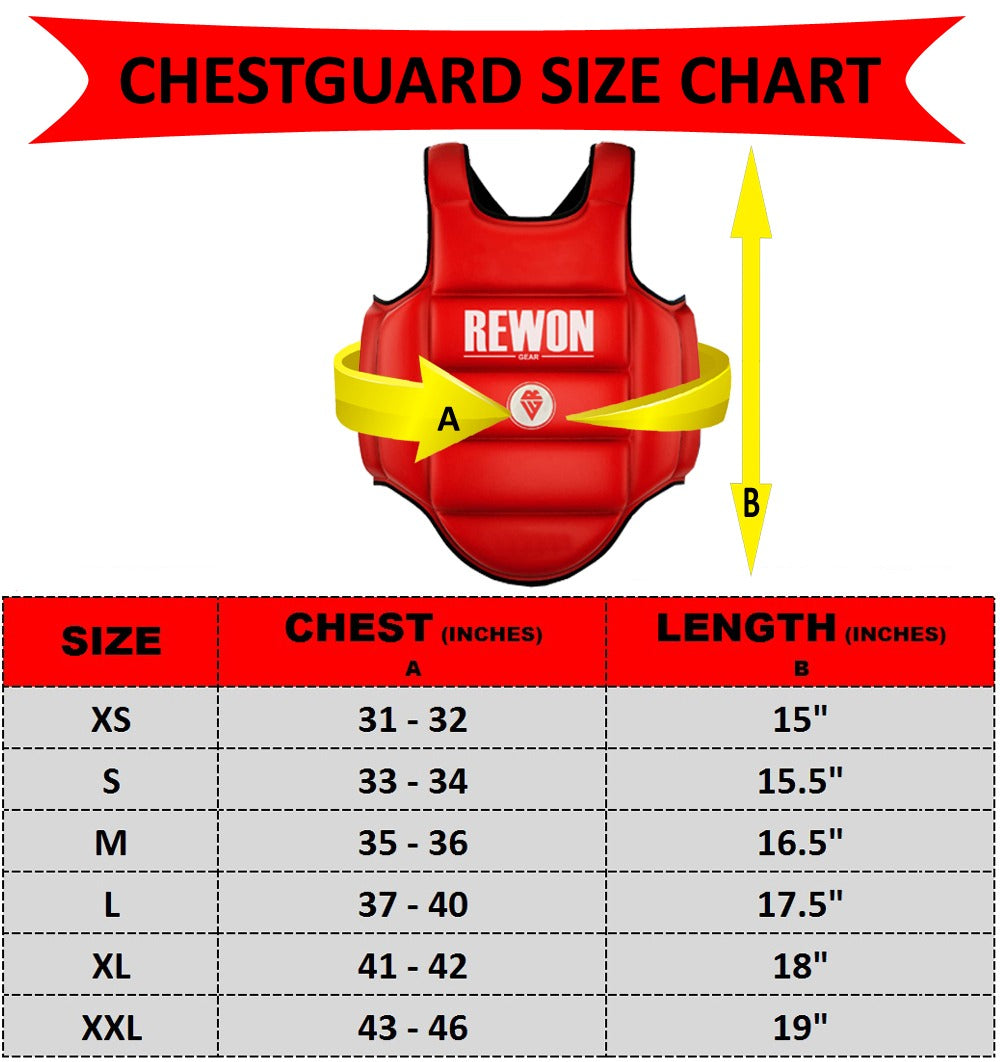 Size chart for Rewon chestguard in red, showing chest and length measurements for sizes XS to XXL.