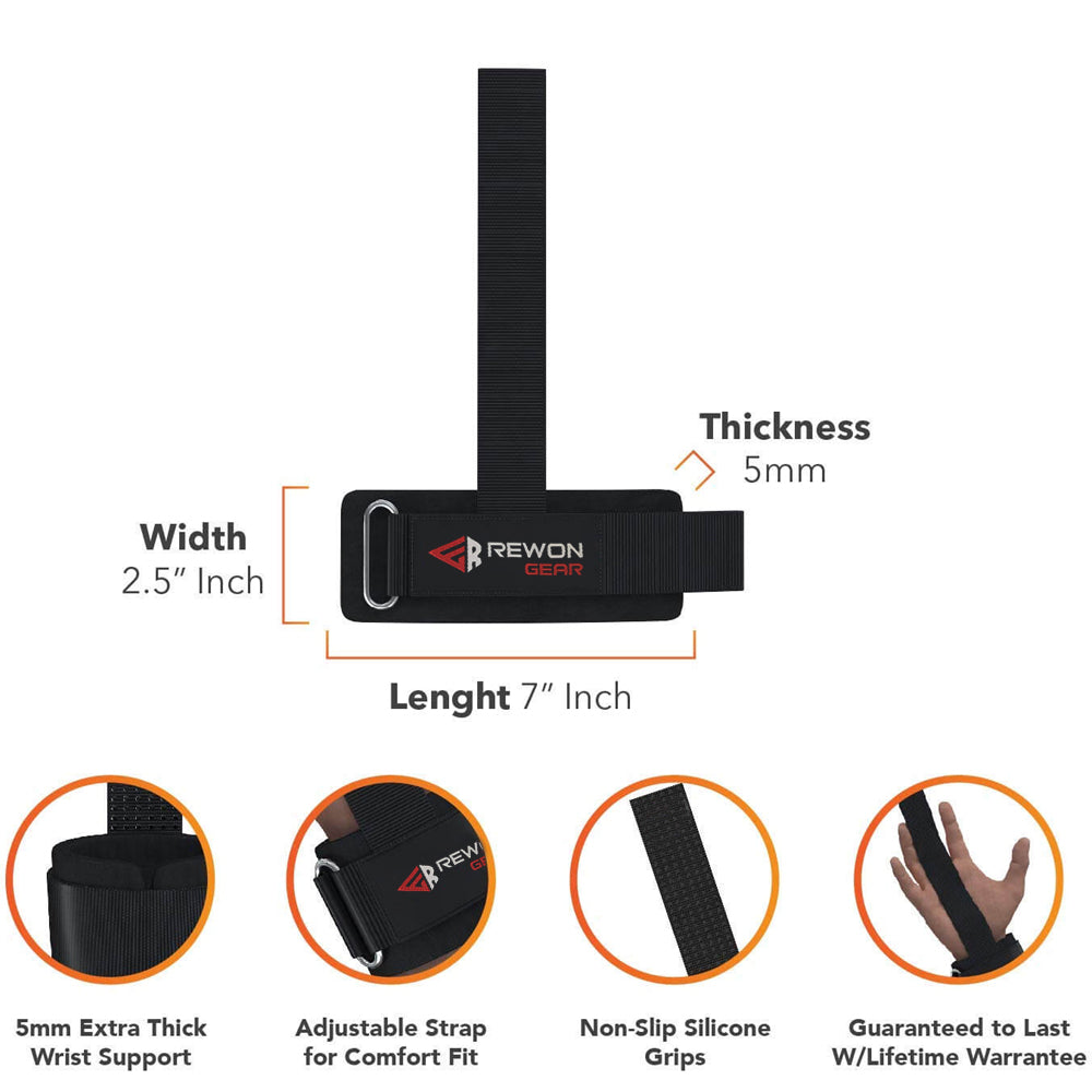 Wrist straps with wrist support by Rewon featuring adjustable strap, non-slip grips, and industrial-grade padding for fitness and boxing.
