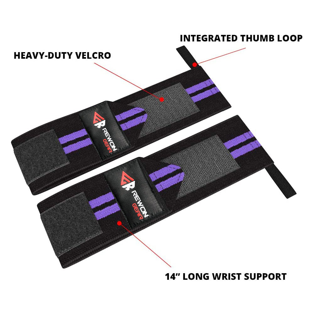 RewonGear 14" Weightlifting Wrist Wraps with integrated thumb loop and heavy-duty Velcro for support and stability.