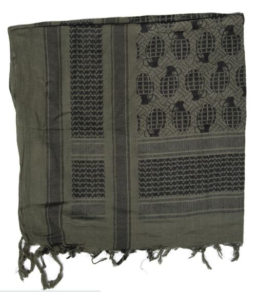Olive green shemagh scarf with black patterned design, ideal for boxing training, hiking, and fitness activities.