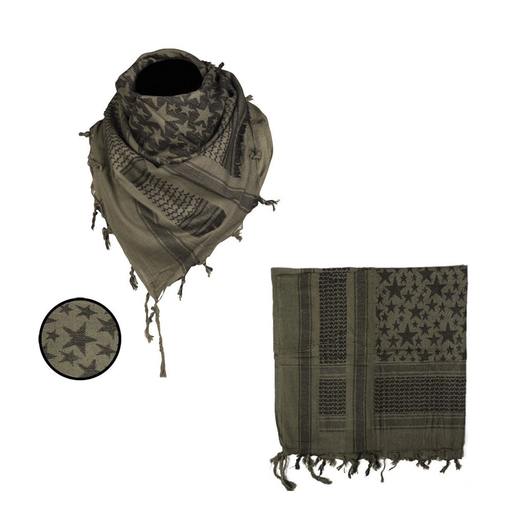 Olive green shemagh scarf with star patterns, ideal for cooling, signaling, and protection. Versatile for boxing and fitness.