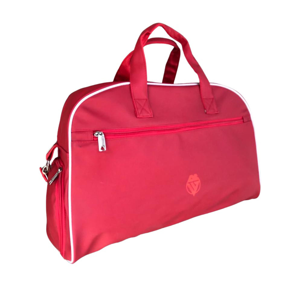 Red sports bag with side pocket and shoe compartment, ideal for boxing and fitness gear. Durable and stylish for men and women.