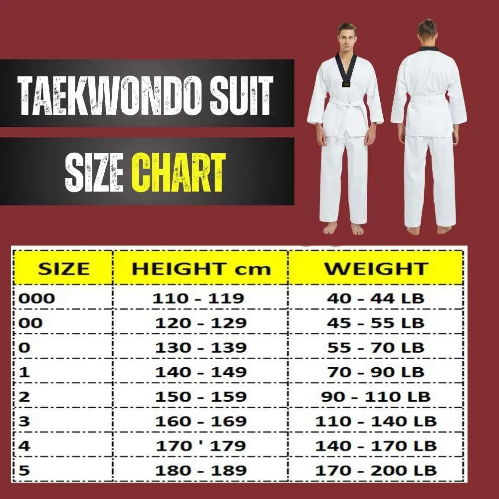 Taekwondo suit with size chart displaying measurements in cm and lb, featuring front and back view of the uniform.