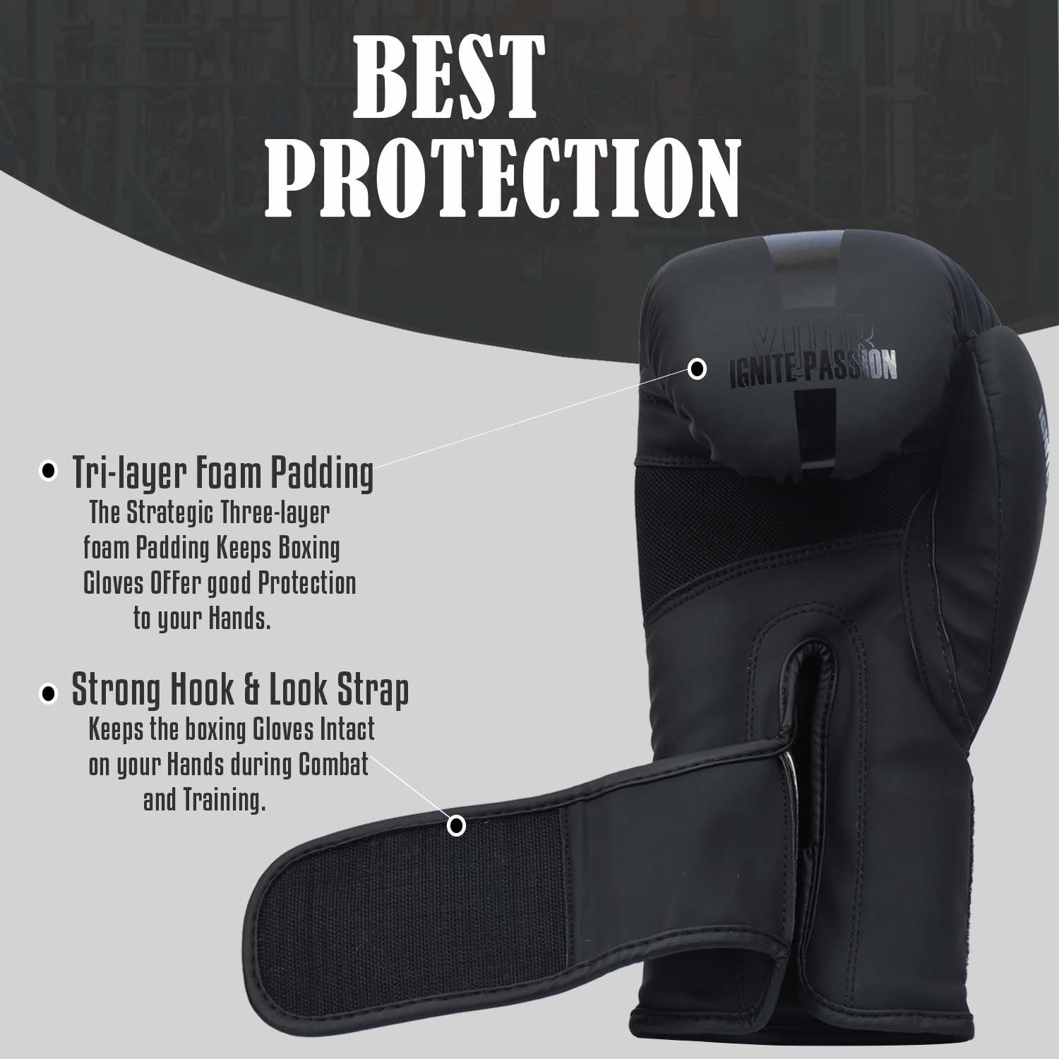 Tri-layer foam boxing gloves with strong hook strap in black, ideal for boxing and fitness training. Best protection for your hands.