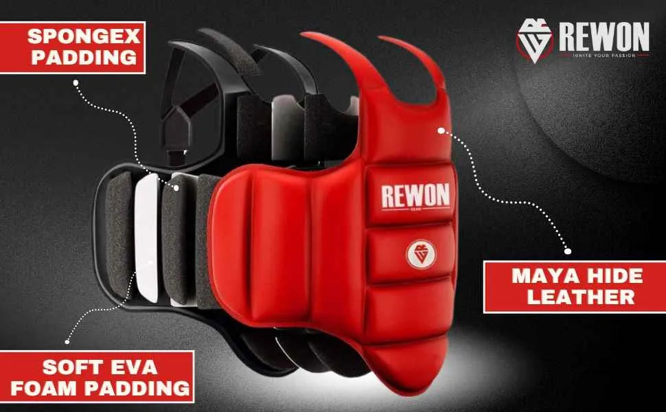 Rewon wendbarer Brustschutz in Blau/Rot mit Maya Hide Leder und EVA Schaumstoff, ideal für Boxen, MMA und Fitness-Boxtraining.