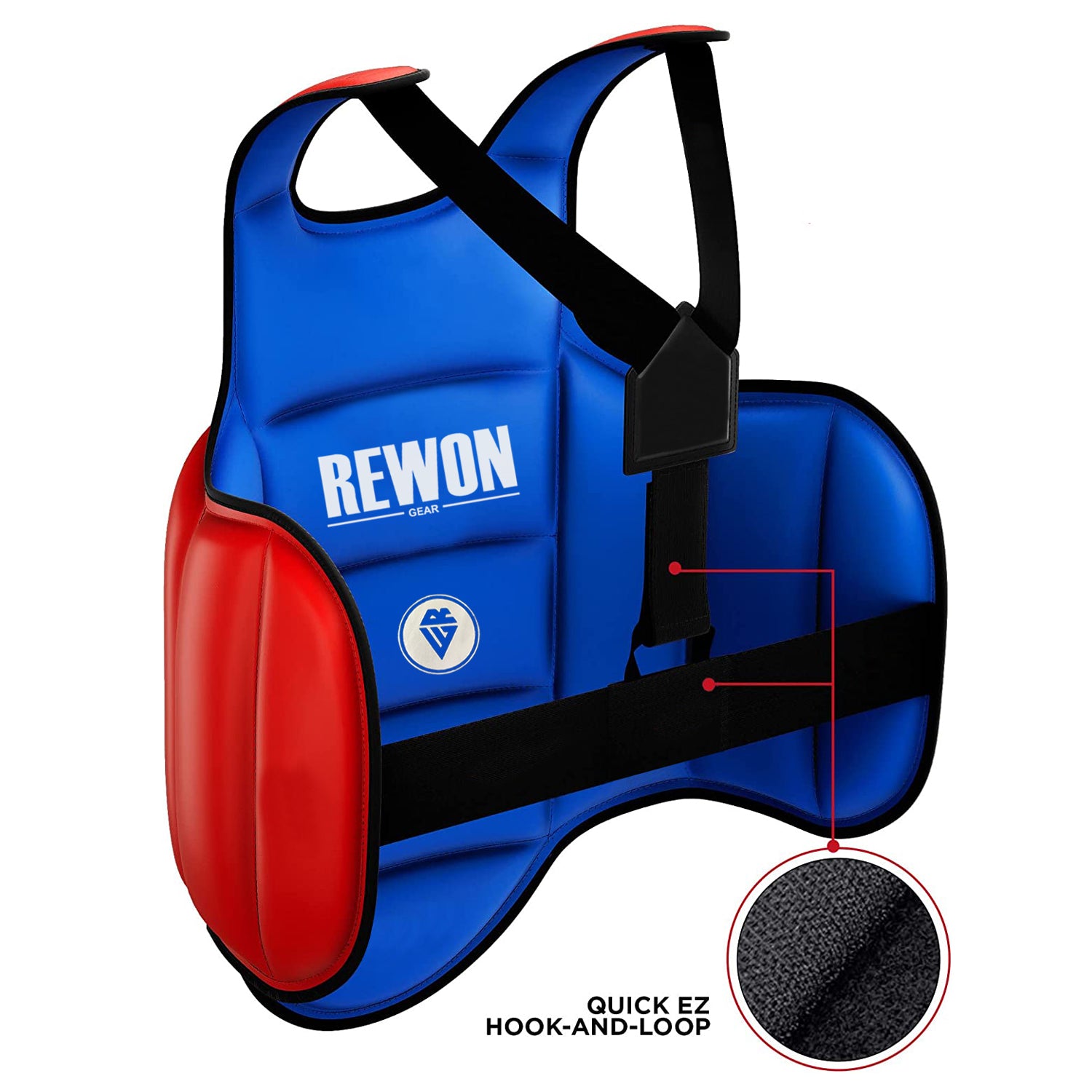 Wendebarer Brustschutz BLAU/ROT Rewon für Boxen und Fitness, mit Klettverschluss für einfaches Anlegen, ideal für Boxtraining und MMA.