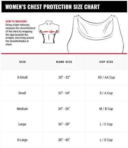 Women's chest protection size chart showing band and cup sizes from X-Small to X-Large, with measurement instructions.