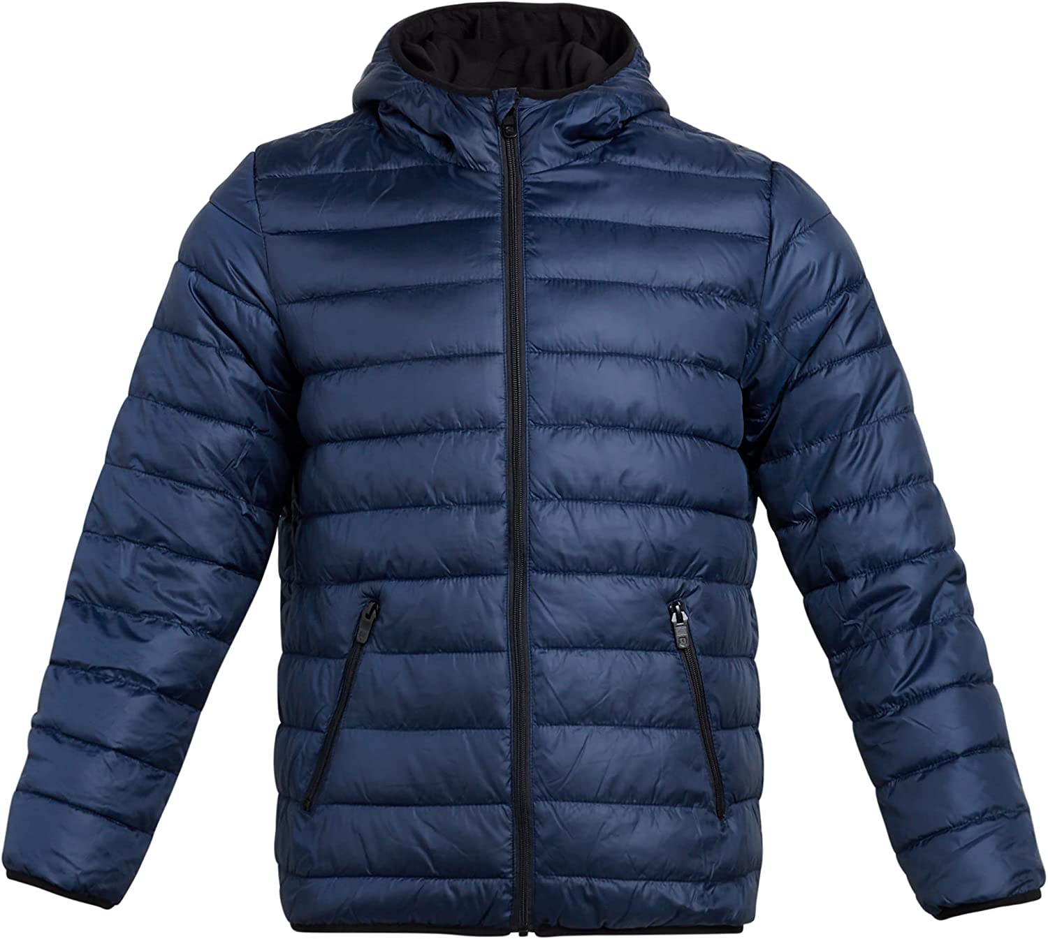 Men's navy bubble puffer jacket with hood, perfect for winter sports, boxing, and fitness enthusiasts. Ideal for cold weather training.