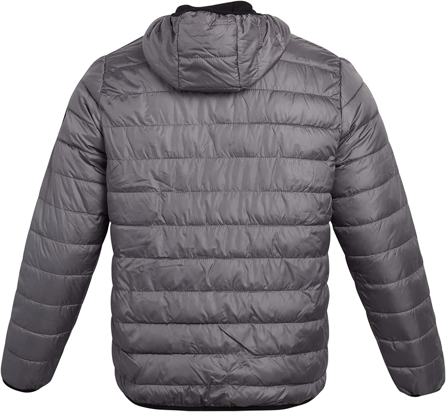 Men's grey bubble puffer jacket with hood, packable design for winter, stylish for boxing fitness enthusiasts and everyday wear.