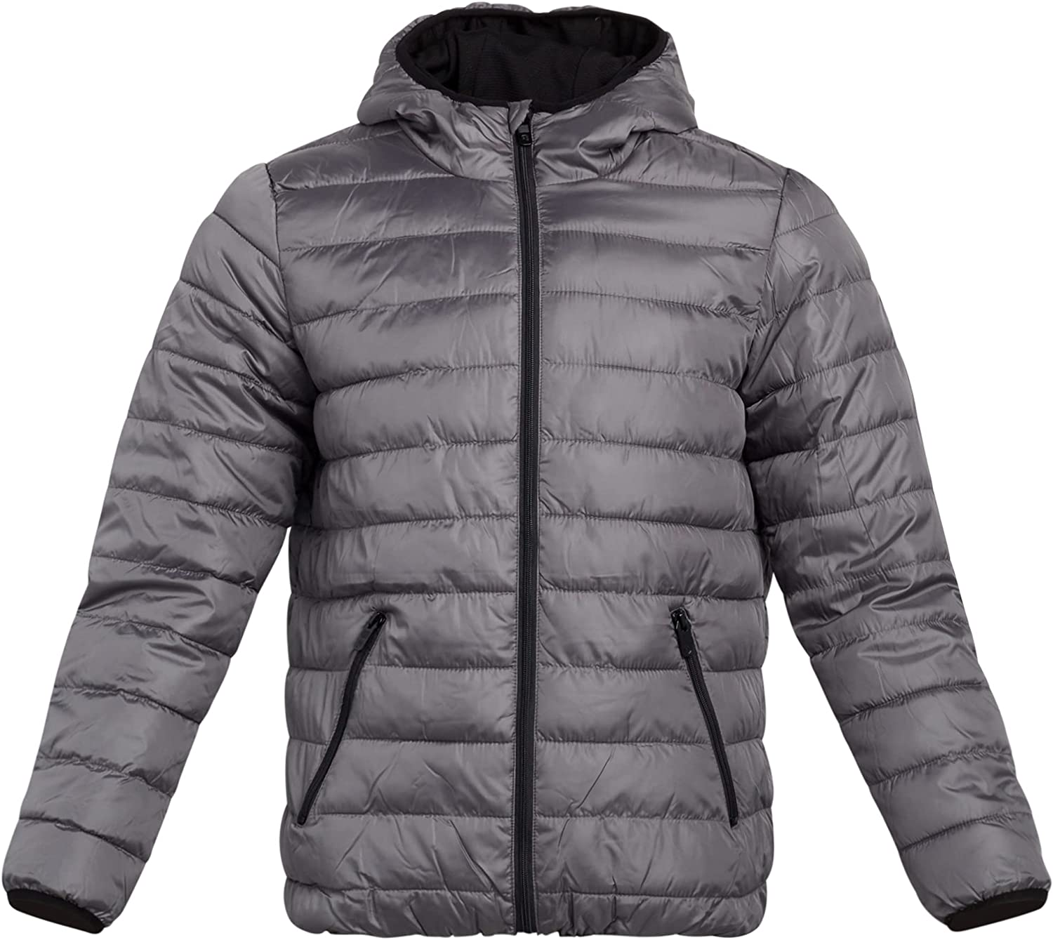 Men's bubble puffer jacket with hood for winter; packable, stylish, comfortable. Great for casual wear and winter fitness activities.