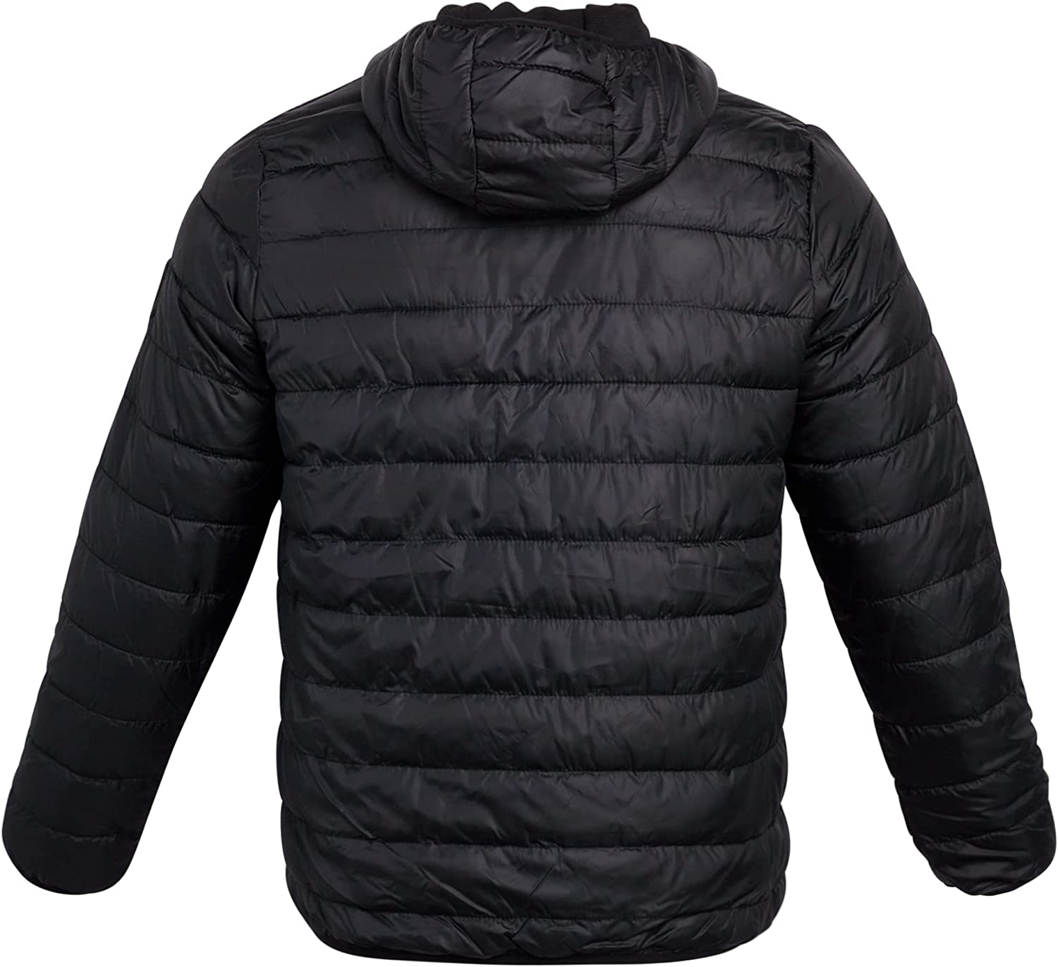 Men's black bubble puffer jacket with hood, packable and stylish for winter wear, ideal for boxing and fitness enthusiasts.