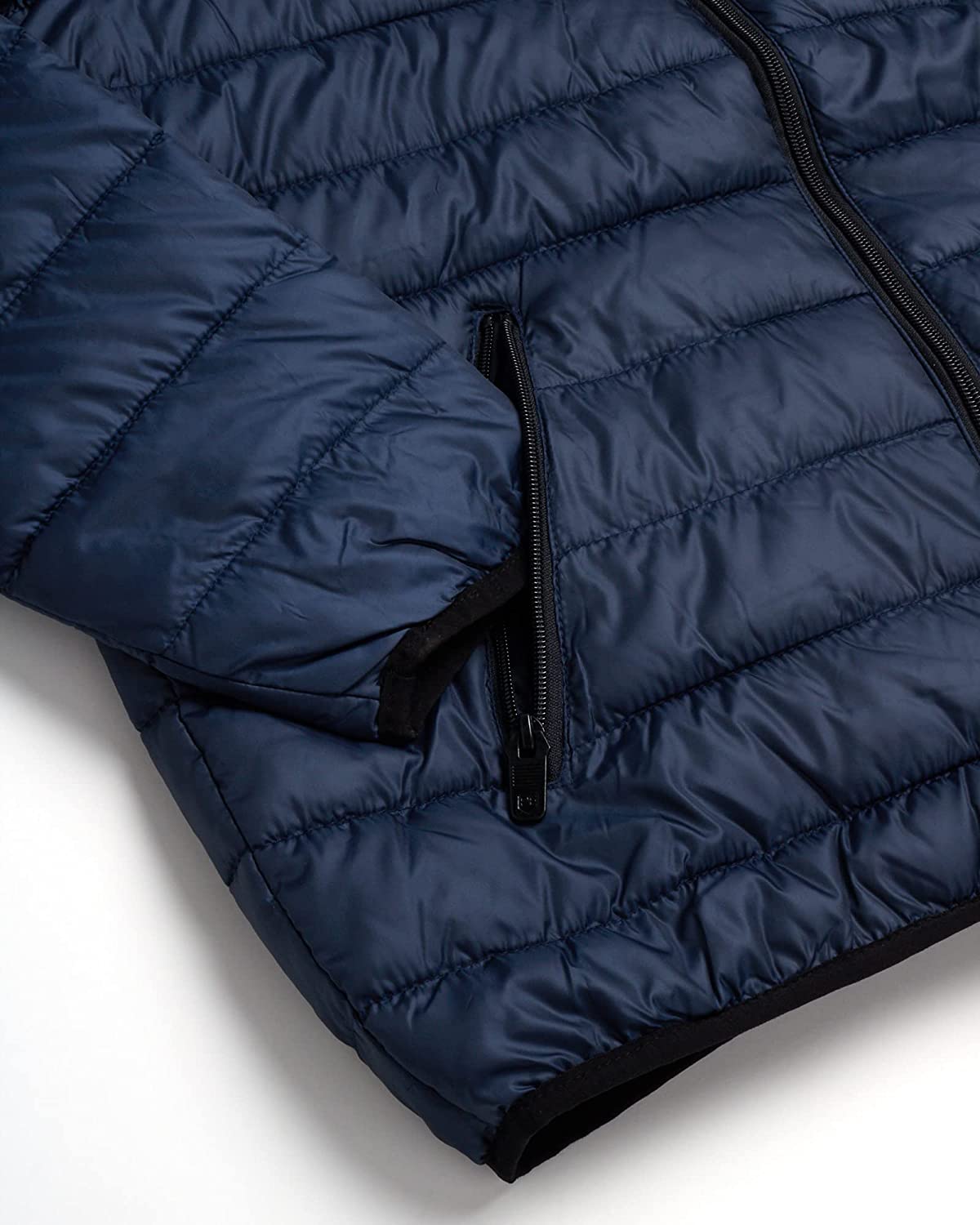 Men's bubble puffer jacket with hood, navy blue, packable design for winter comfort, ideal for fitness and training.