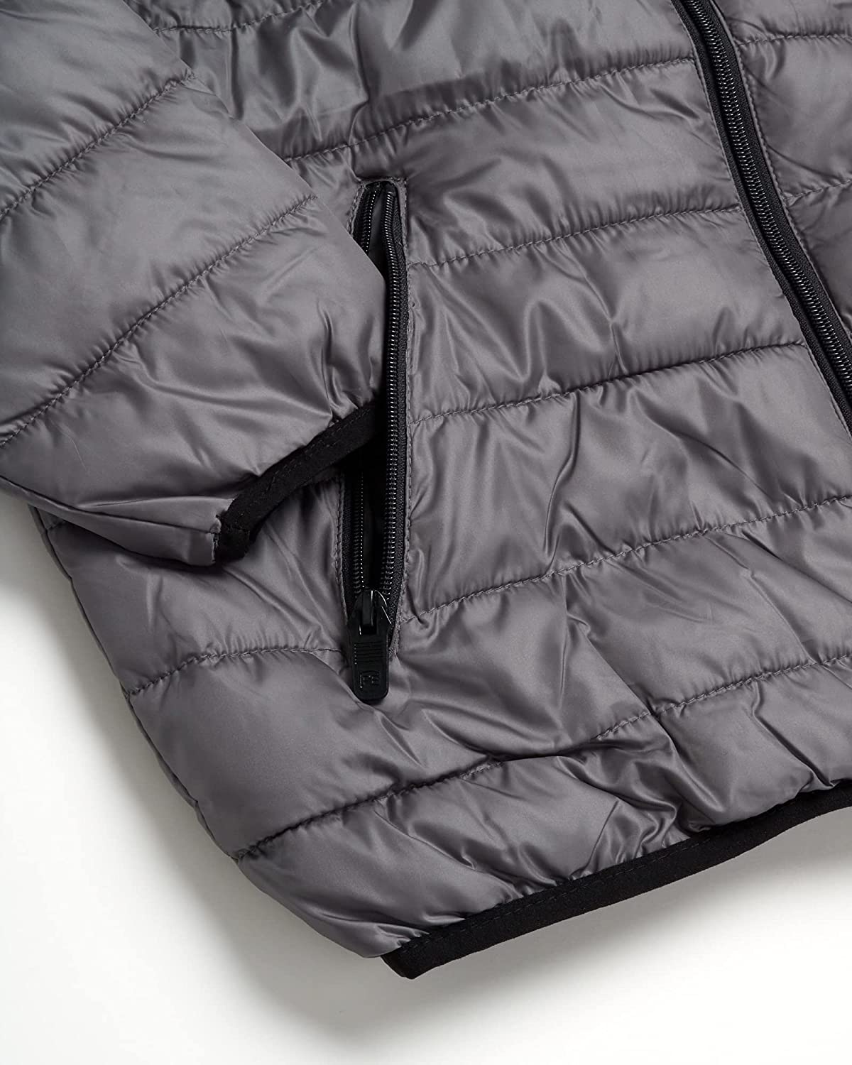 Men's grey bubble puffer jacket with hood for winter; packable design; perfect for stylish trips and home gym boxing training.