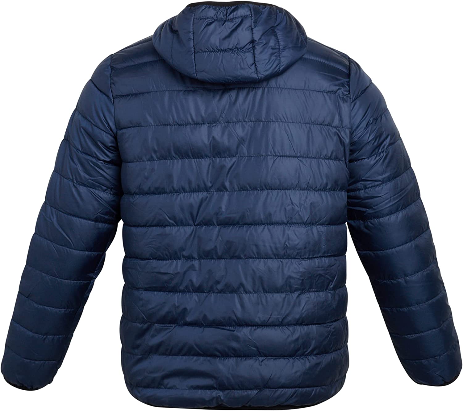 Men's navy bubble puffer jacket with hood for winter, stylish and packable for convenience, enhancing winter outfits with comfort.