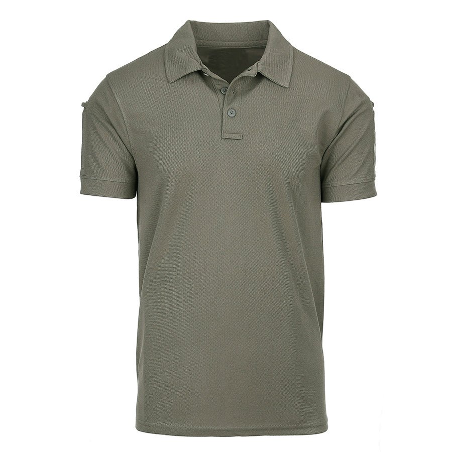 Olive green tactical Quick Dry polo shirt for men, ideal for boxing and fitness, featuring pen pockets and Velcro, polyester blend.