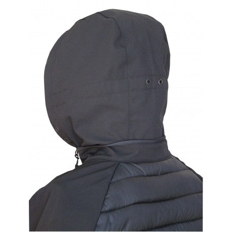 Black soft-shell bubble jacket with hood, perfect for boxing and fitness in cold weather. Waterproof and insulated for ultimate protection.