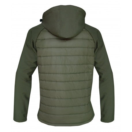 Green soft shell bubble jacket for cold weather, waterproof, ideal for boxing and fitness training, with poly fabric and plush interior.