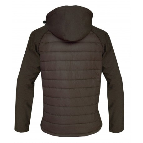 Black soft-shell bubble jacket with hood, shown from the back. Ideal for boxing and fitness, keeps you warm and dry in snowy conditions.