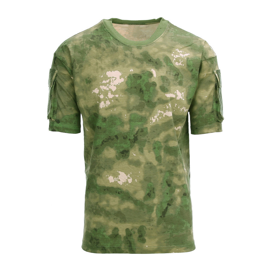 Camouflage tactical T-shirt with pocket, 100% cotton. Ideal for boxing and fitness enthusiasts. Available online with fitness gear.