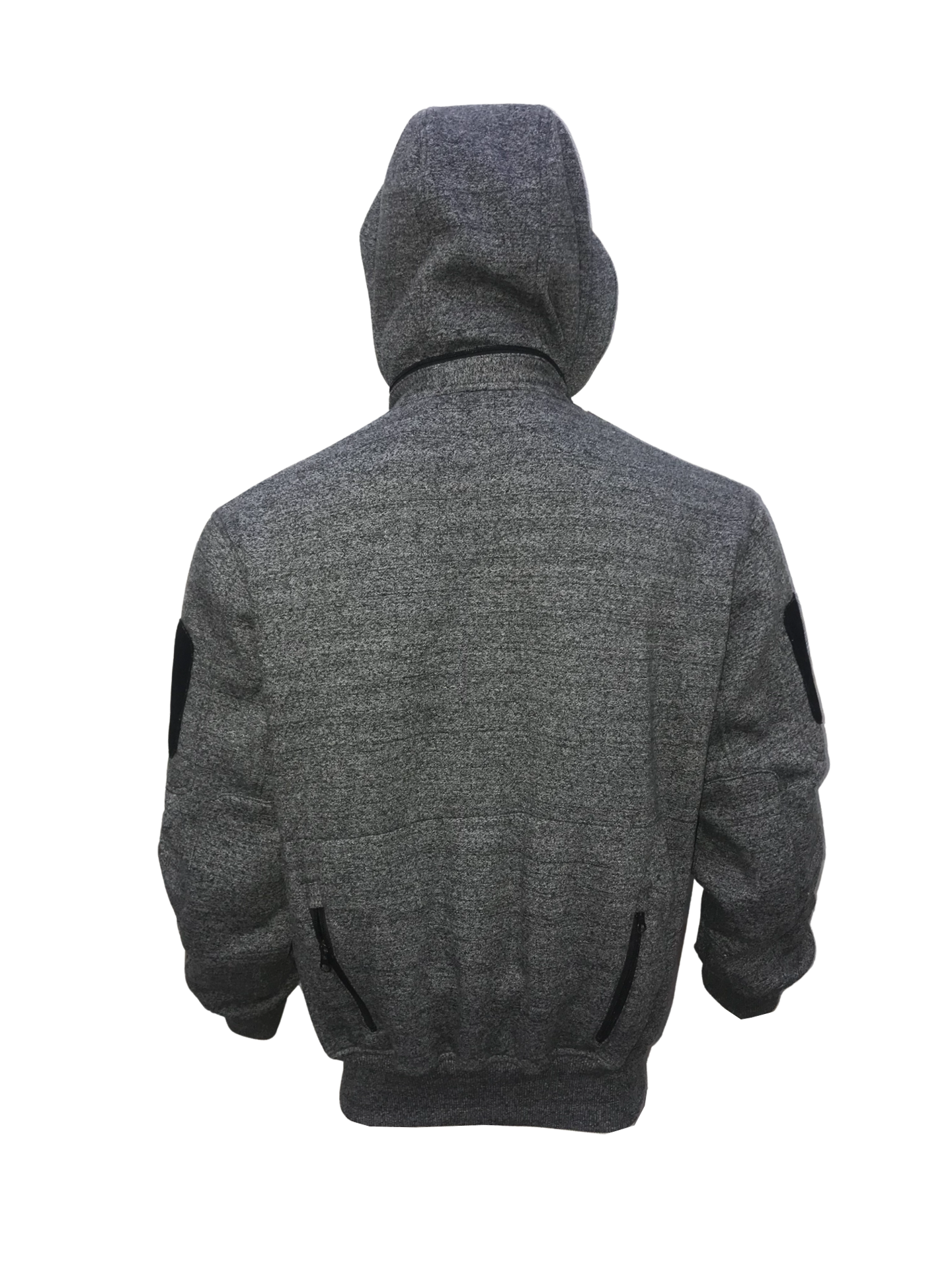 Back view of a grey tactical hoodie with hood, designed for wind protection and equipped with arm pockets, perfect for fitness and boxing.