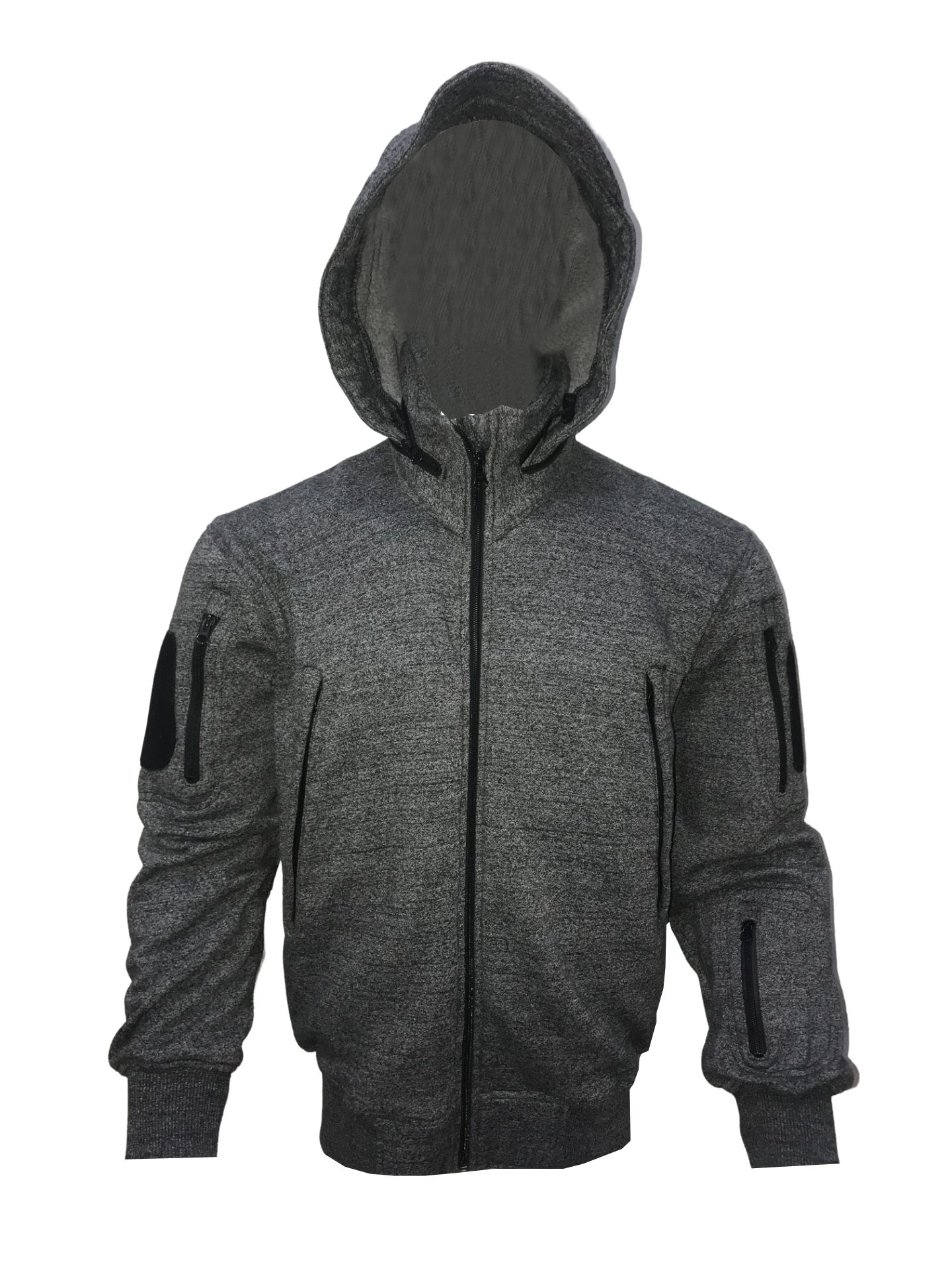 Tactical hoodie with hood and pockets for boxing and fitness, 100% cotton, ideal for wind protection and equipped for various uses.