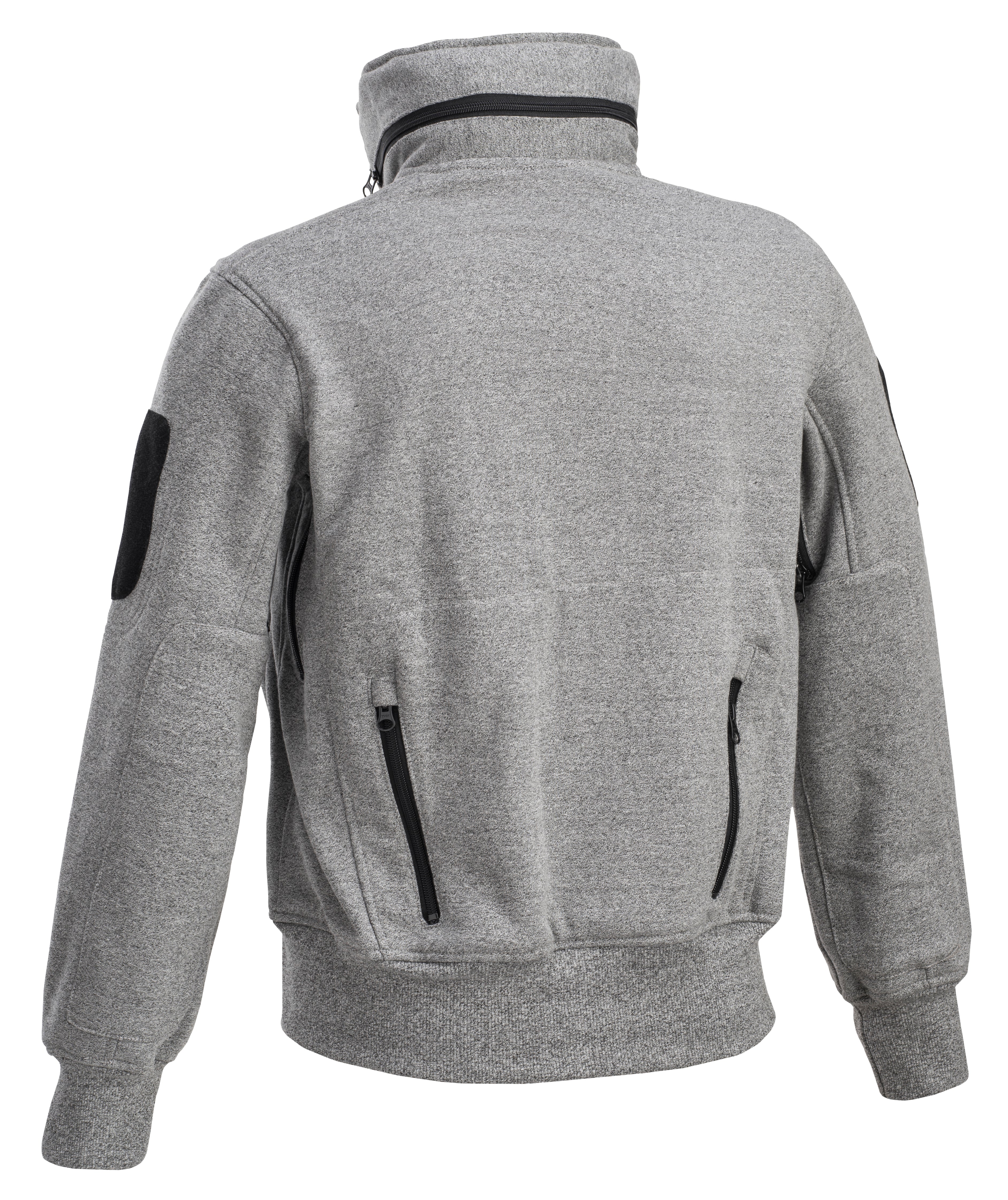 Gray tactical hoodie with hood, designed for boxing and fitness, featuring high thermal insulation, YKK zip, and multiple pockets.