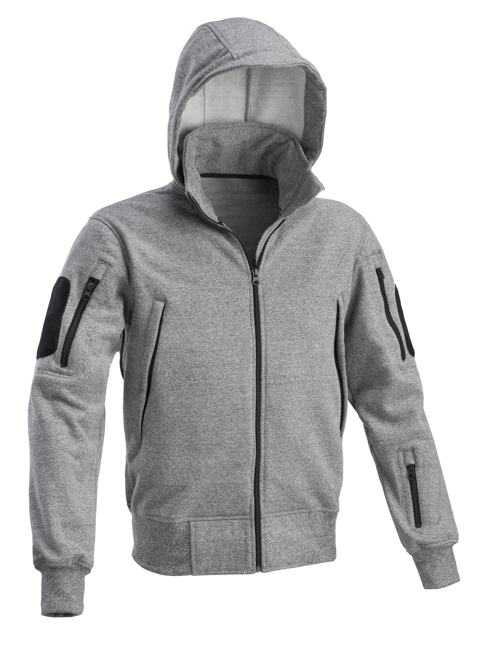 Grey tactical hooded jacket with pockets, ideal for boxing and fitness. Made from 100% cotton, offers warmth and wind protection.