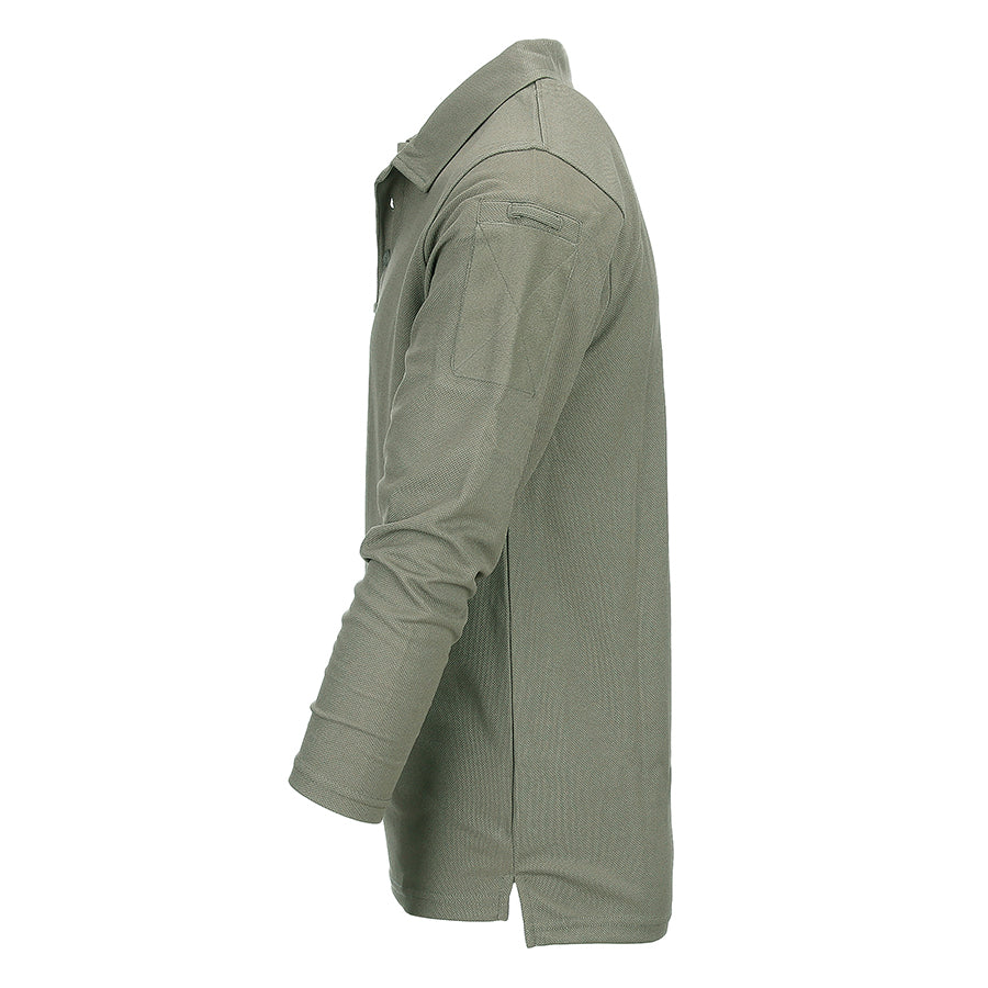 Olive tactical long sleeve polo shirt with Quick Dry fabric, perfect for boxing and fitness, featuring pen pocket and Velcro.