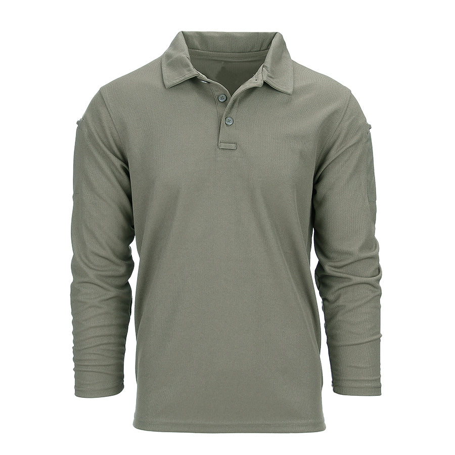 Army green long sleeve quick-dry tactical polo shirt made of polyester, with pen pockets and Velcro, ideal for fitness and boxing training.