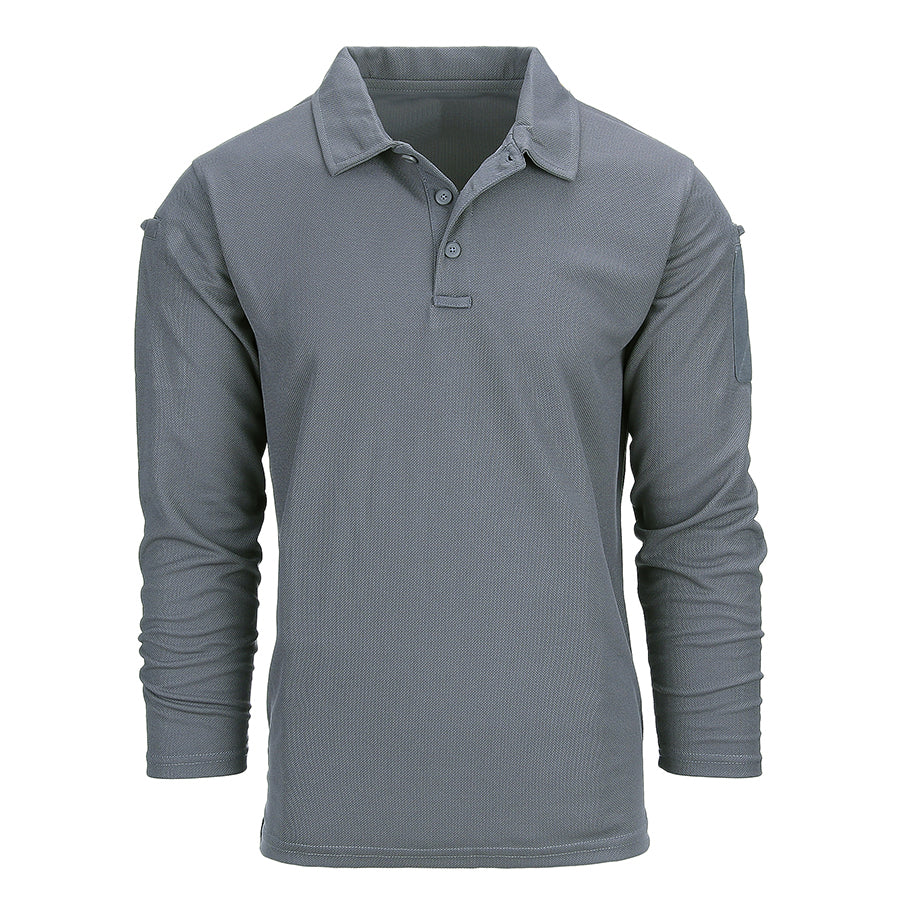 Long sleeve tactical polo shirt, quick-dry polyester, features pen pockets and Velcro, ideal for boxing and fitness training.