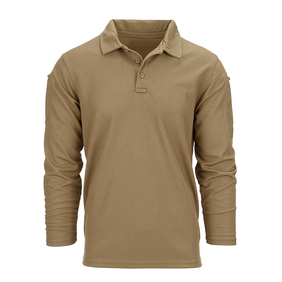 Tactical quick-dry long sleeve polo shirt in khaki with velcro and pen pockets, perfect for boxing and fitness training.