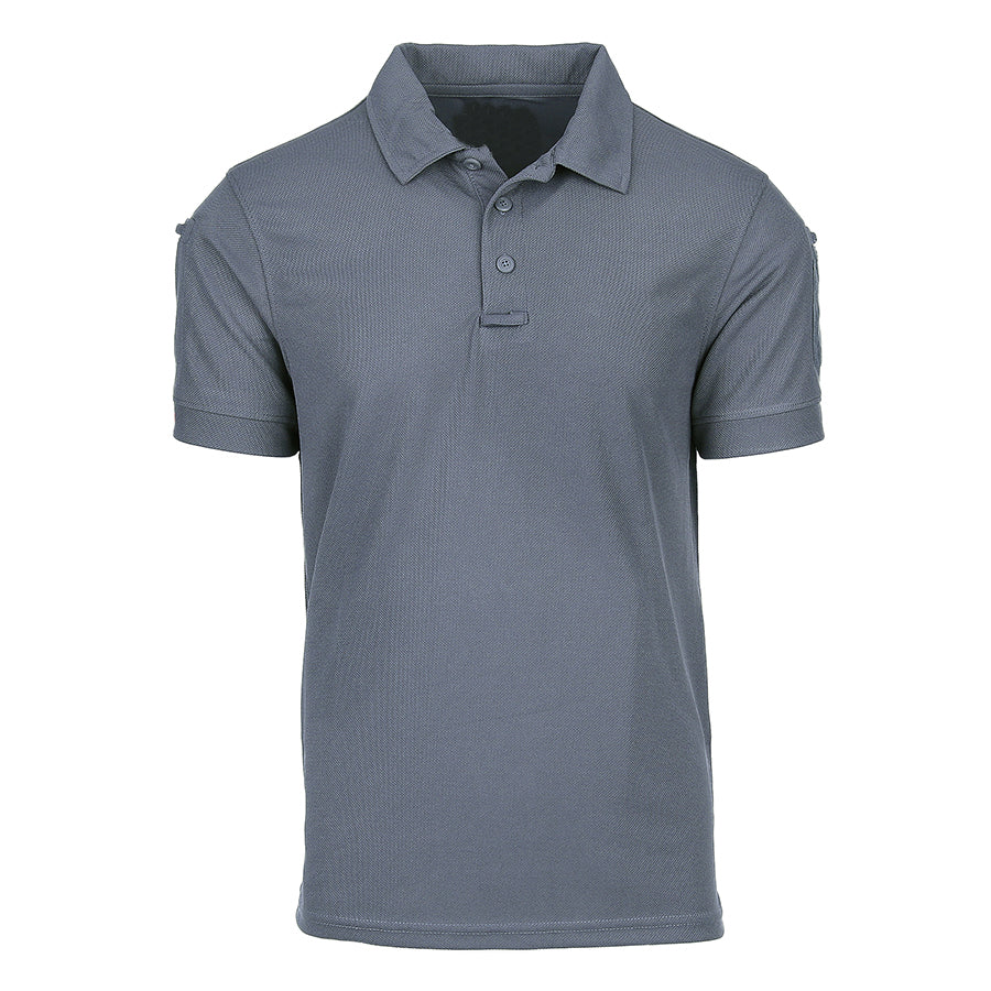 Polo Quick Dry T-shirt in grey, 100% polyester, moisture-regulating, with pen pockets and Velcro on sleeves for sports and fitness use.