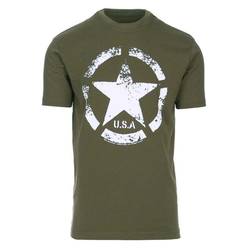 Vintage US Army Star T-shirt, 95% cotton, military green with star design, perfect for comfort and fitness activities.